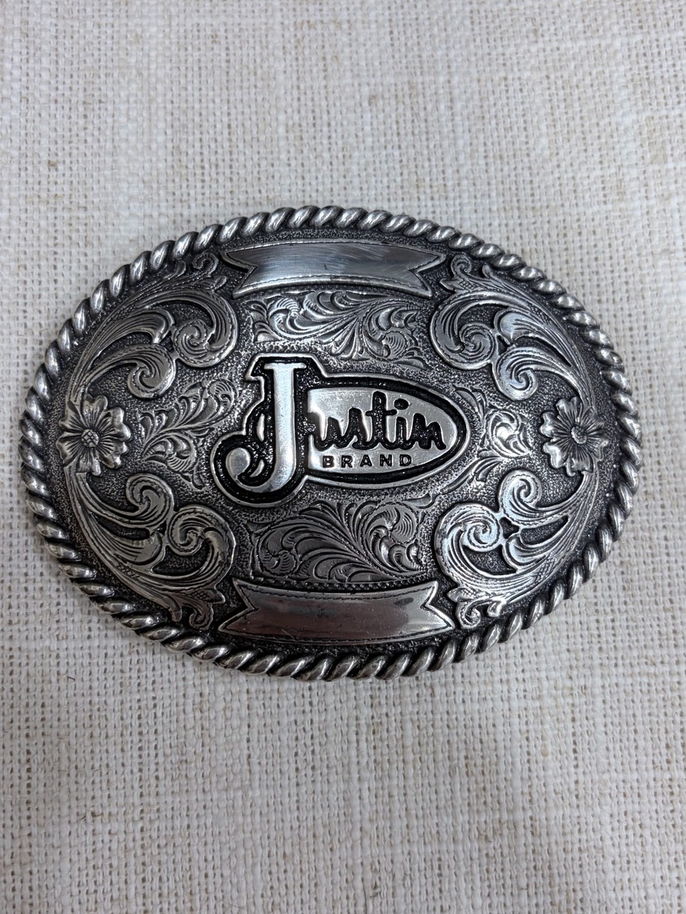 Justin Boots Silver Western Floral Rope-Edge Belt Buckle Cowboy Americana